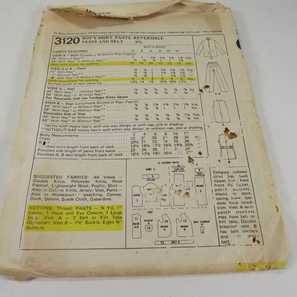 McCalls 3120 clothing pattern size 4 Boy shirt, pants, vest, belt (complete - Picture 5 of 6